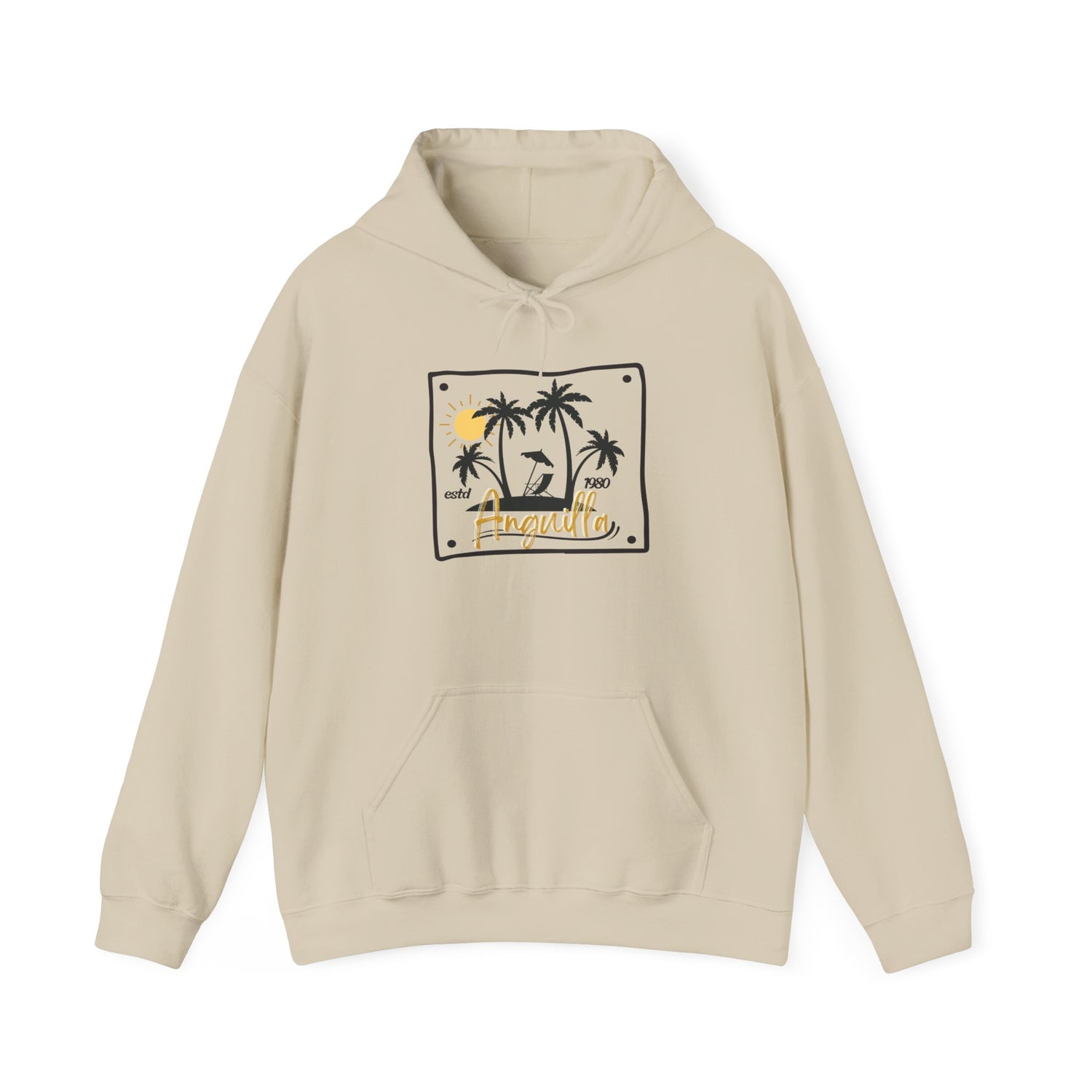 Anguilla Tropical Vibes Hooded Sweatshirt - Unisex Heavy Blend™ with Palm Trees & Sun Design