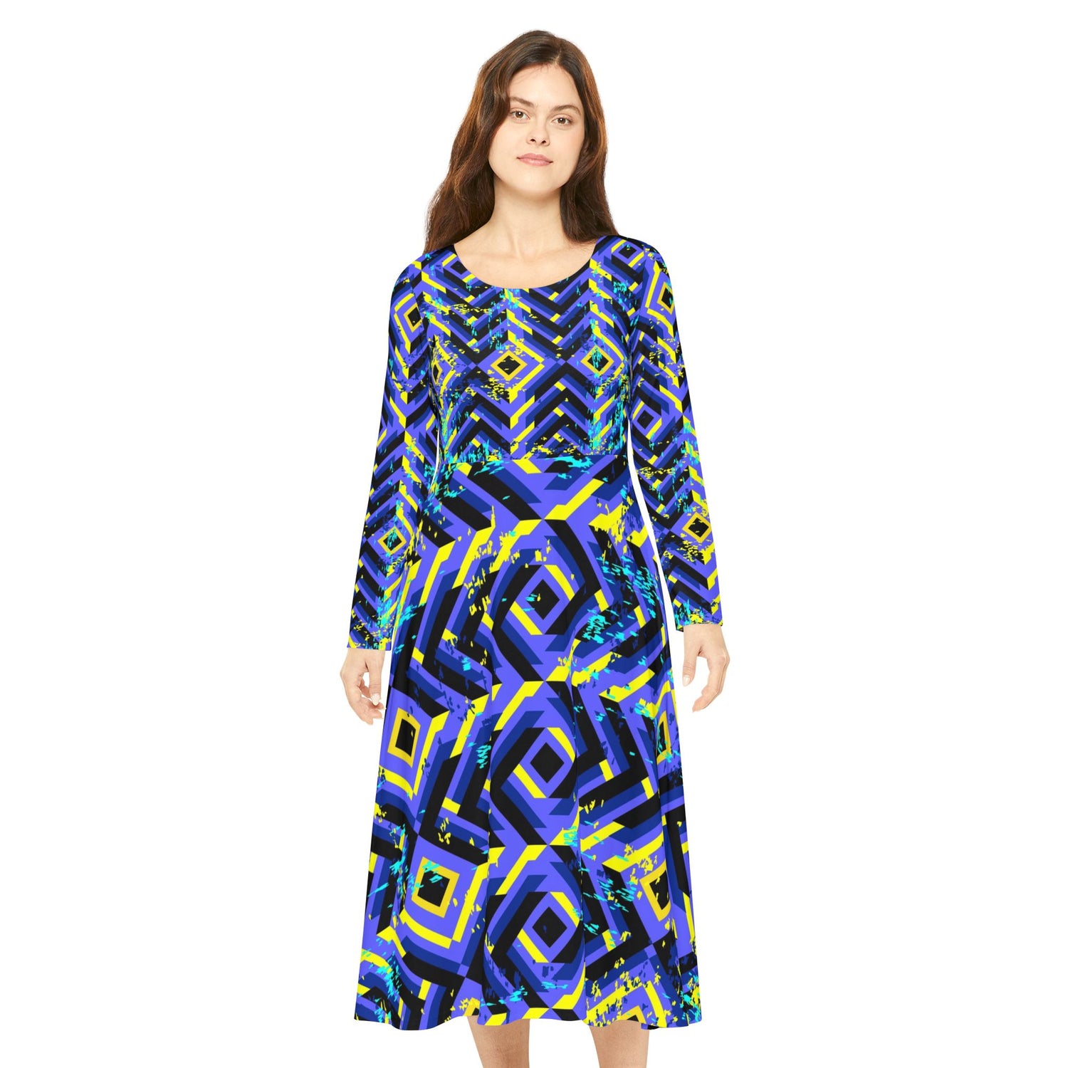 Barbados Long Sleeve Dance Dress - Vibrant Geometric AOP, Stylish Dancewear, Latest Fashion, Perfect for Performances, Gifts for Dancers