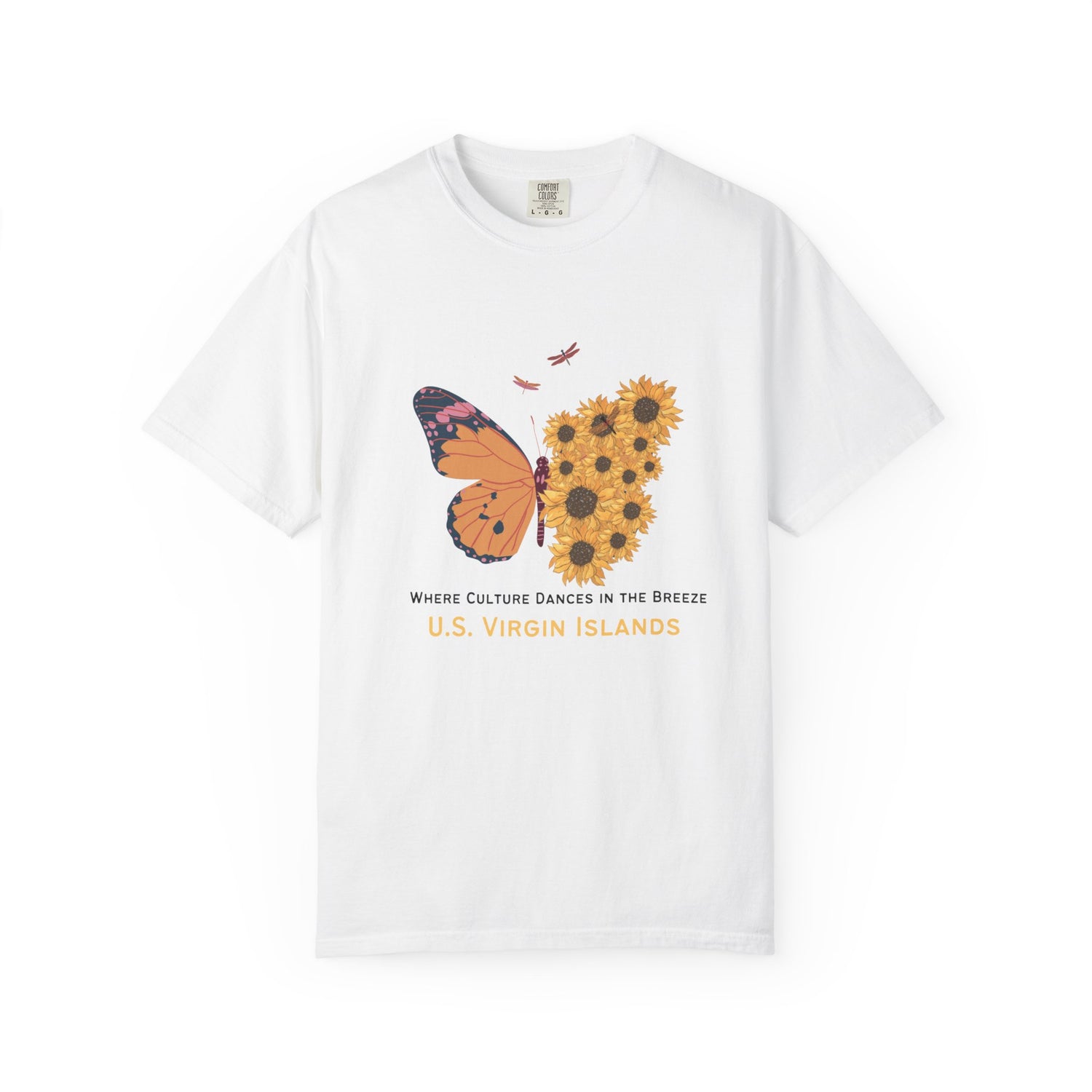 Vibrant Butterfly & Sunflower Tee, Unisex Tie-Dye T-Shirt, Vacation Vibes Shirt, Nature Lover Gift, Summer Casual Wear, U.S. Virgin Islands T-Shirt